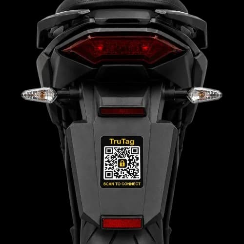 TruTag sticker on the rear mudguard of a motorbike