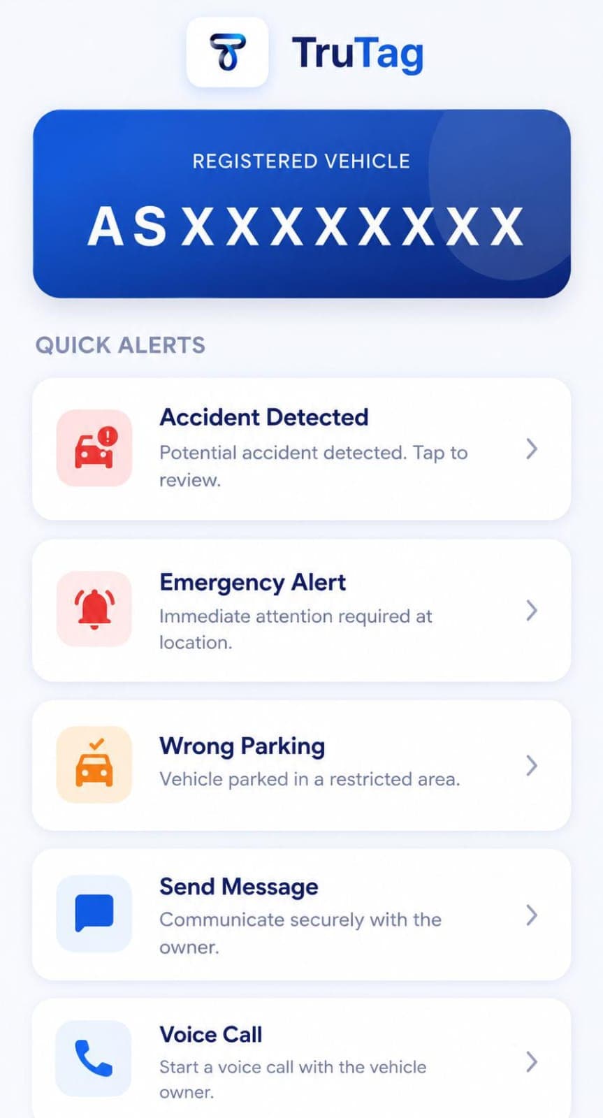 The screen a person sees after scanning a TruTag sticker: the registered vehicle plate, then quick alerts to pick from — accident detected, emergency alert, wrong parking, or send a message.