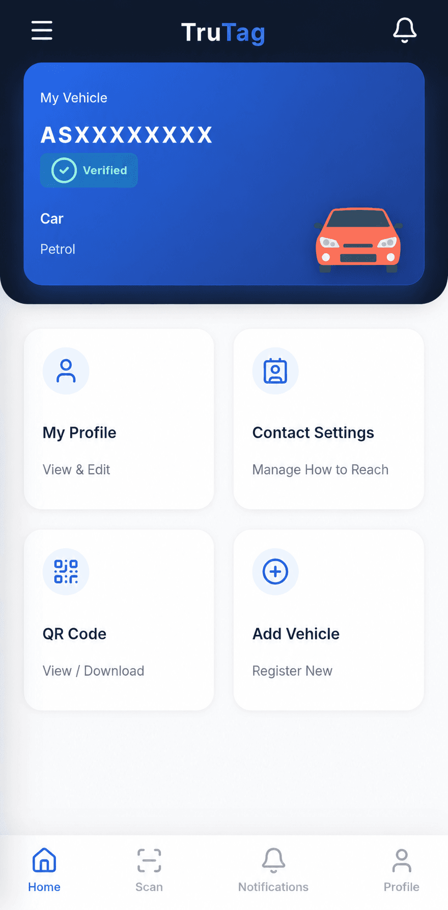 The TruTag owner app, showing a registered vehicle and shortcuts to profile, contact settings, QR code and adding a vehicle.